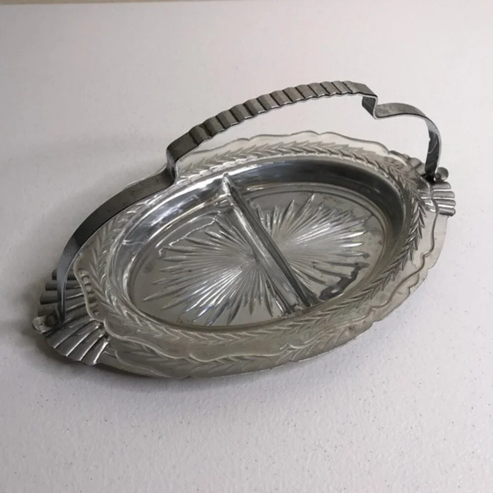 Vintage Divided Glass Metal Handle Serving Condiment Entertainment Holiday Tray